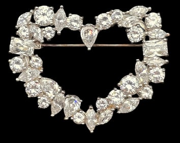 Vintage TOVA Sterling Silver & Cubic Zirkonia Heart Brooch