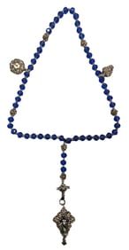 Antique Southern European 800 Silver & Blue Glass Bead Rosary /w Cross Pendant