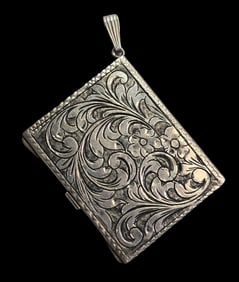 Ornate Antique Sterling Silver Picture Locket Pendant in Book Shape