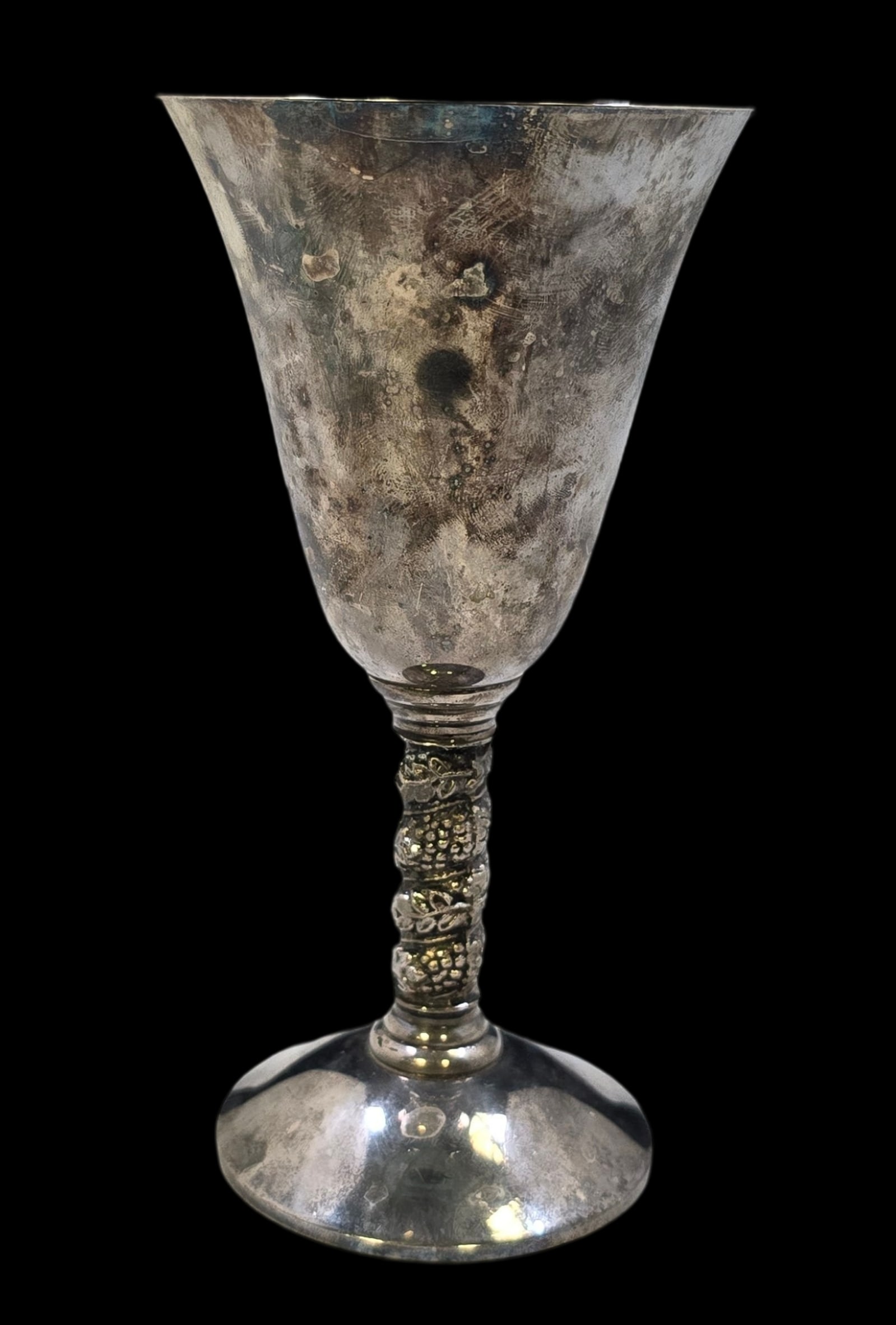 Vintage Spanish Silverplate Wine Glass: Very good vintage condition with minor patina and wear according to age. Measures approx. 5" high x 3" wide and weighs ca. 136 grams. Marked on the bottom. SHIPPING: We ship in-house and charge a flat