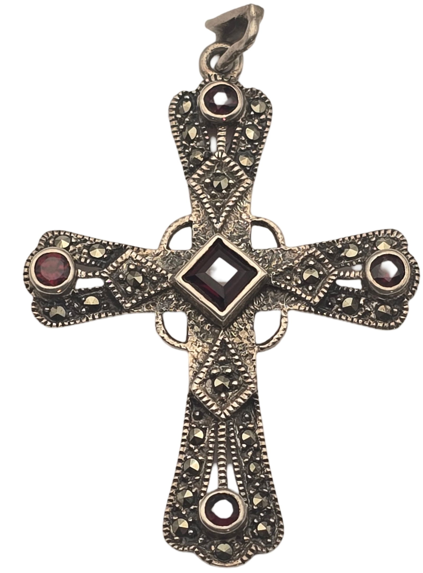 Vintage European 800 Silver, Marcasite & Garnet Cross Designer Pendant: Measures approx. 2" long x 1 1/2" wide and weighs ca. 7.6 grams. Very good vintage condition with minor wear and patina according to age. Marked for 800 (80%) silver and carrying an unidentified desig