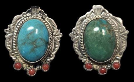 Vintage Native American Navajo Sterling Silver & Gemstone Earrings - Signed