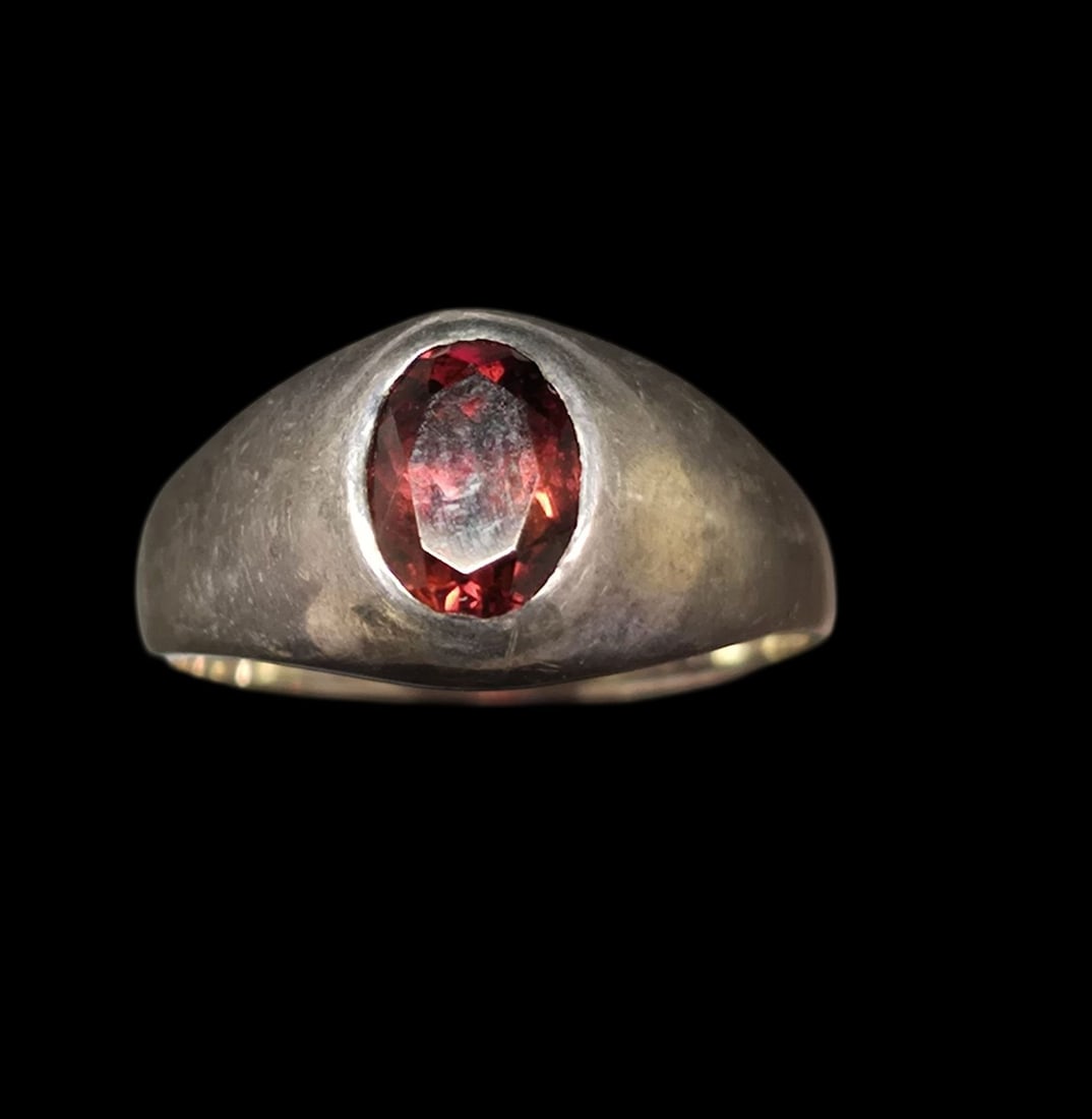 Vintage Sterling Silver & Red Gemstone Ring - Signed (1 of 6)