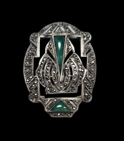 Antique Art Nouveau European 800 Silver, Marcasite & Green Gemstone Brooch