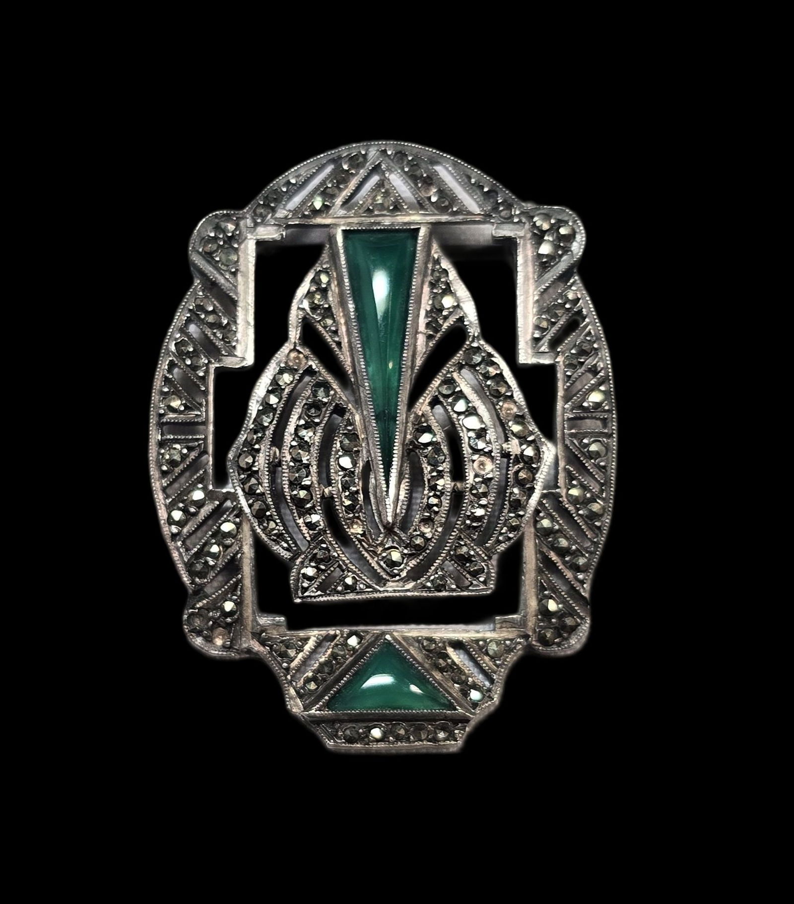 Antique Art Nouveau European 800 Silver, Marcasite & Green Gemstone Brooch: Very good antique condition with some patina and wear according to age; missing a few marcasite gemstones. Measures approx. 1" high x 1" wide and weighs ca. 6.5 grams. Tested for a minimum of 800 (80%