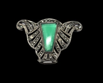 Antique Art Nouveau European 800 Silver, Marcasite & Green Gemstone Brooch