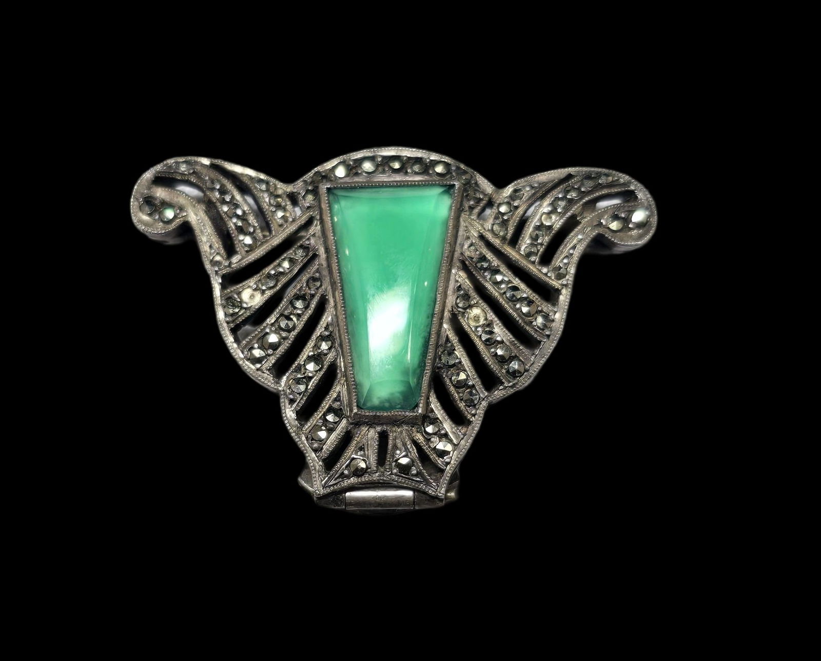 Antique Art Nouveau European 800 Silver, Marcasite & Green Gemstone Brooch: Very good antique condition with some patina and wear according to age; missing a few marcasite gemstones. Measures approx. 1" wide and weighs ca. 6 grams. Tested for a minimum of 800 (80%) silver. SH