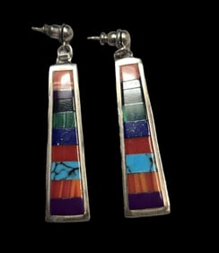 Vintage Native American Zuni Sterling Silver & Gemstone Designer Earrings - Signed