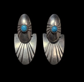 Vintage Native American Navajo Sterling Silver & Turquoise Hinged Drop Earrings
