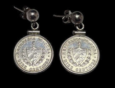 Unsusual Vintage Sterling Silver & 1948 Cuban Silver Coin Earrings