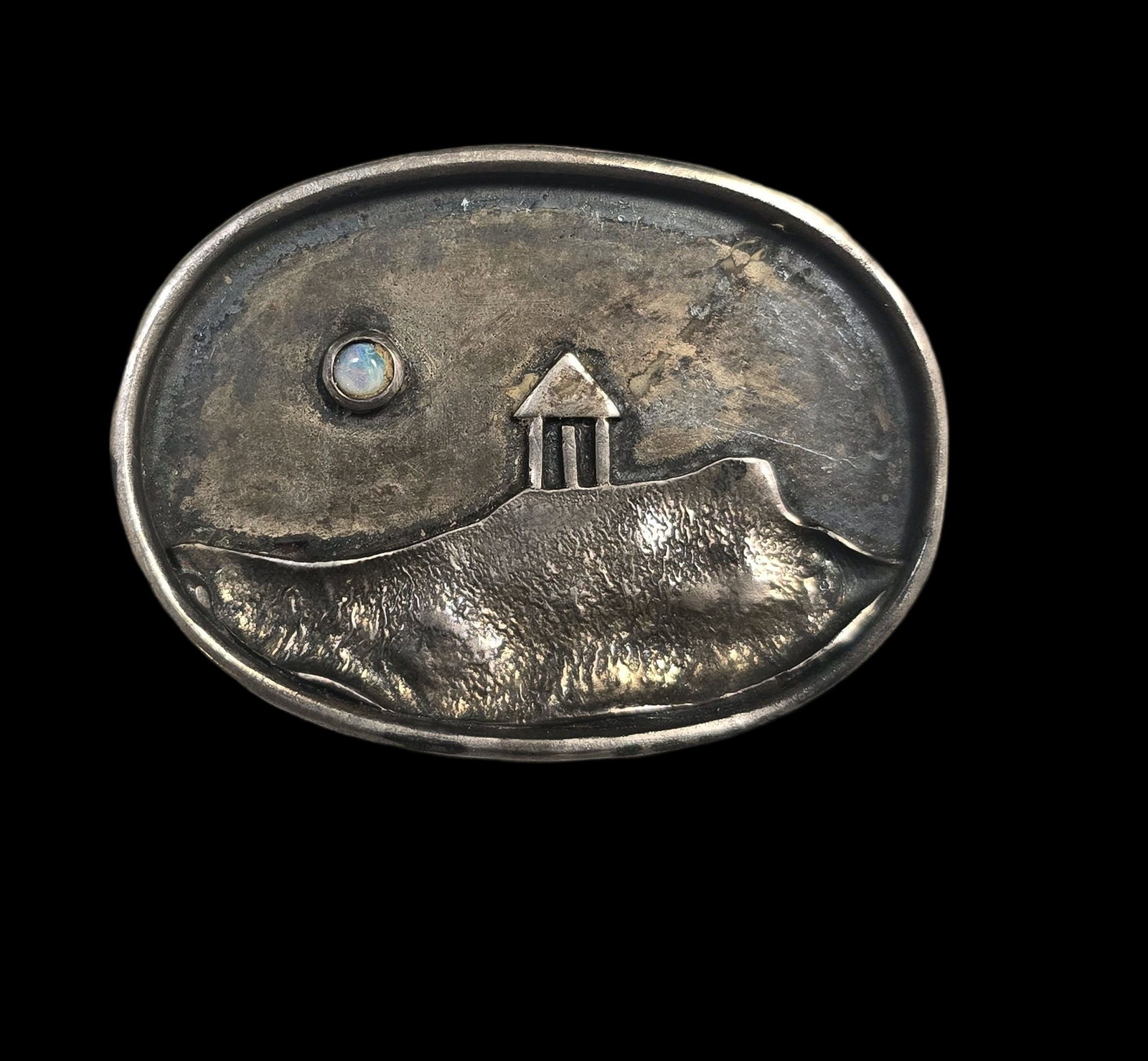 Very Unusual Vintage Sterling Silver & Moonstone Landscape Brooch: Very good vintage condition with minor patina and wear according to age. Measures approx. 2" wide and weighs ca. 18 grams. Marked for Sterling Silver and carrying an unidentified signature. SHIPPING: 