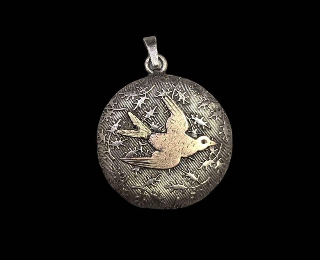 Very Unusual Antique European 800 Silver Partially Gilt Bird Pendant: Very good vintage condition with minor patina and wear according to age. Measures approx. 5/8" wide and weighs ca. 2 grams. Tested for a minimum of 800 (80%) silver. SHIPPING: We ship in-house and cha