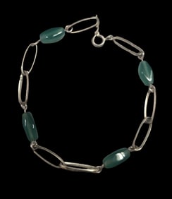 Vintage European 835 Silver & Green Agate Bracelet - New Old Stock