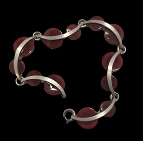 Very Unusual Vintage Mid-Century Modern European Sterling Silver & Carnelian Bracelet