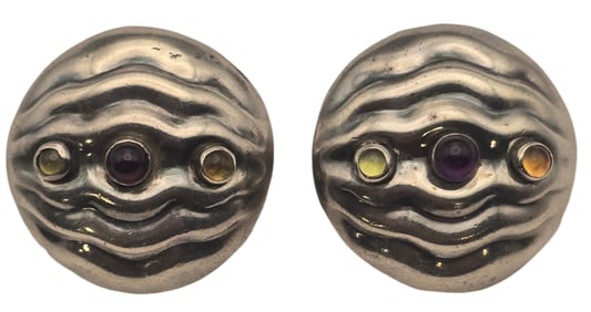 Pair of Large Vintage Mid-Century Modern Sterling Silver & Gemstone Clip-On Earrings