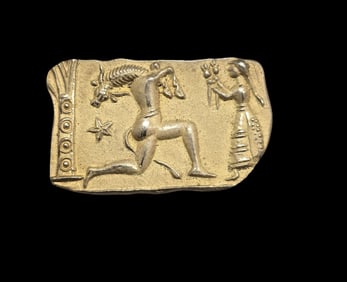 Unusual Vintage European Gilt 800 Silver Brooch /w Sumerian Barrel Seal Imprint Design
