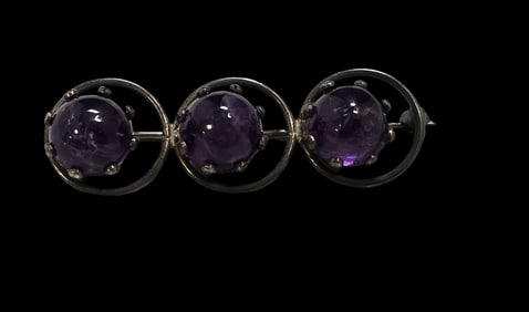 Vintage Mid-Century Modern European 830 Silver & Amethyst Brooch