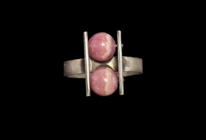 Vintage Mid-Century Modern Sterling Silver & Rhodochrosite Designer Ball Ring