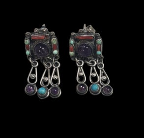 Vintage MATILDE POULAT MATL Taxco Mexico Sterling Silver, Turquoise & Amethyst Earrings