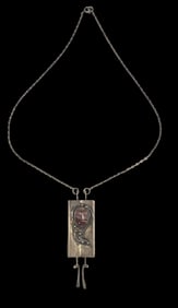 Vintage Mid-Century Modern Brutalist Sterling Silver & Rhodonite Pendant Necklace