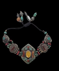 Antique Handmade Adjustable Tibetan Nepalese Silver & Gemstone Necklace