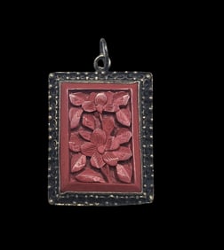 Antique Chinese Gilt Sterling Export Silver & Cinnabar Filigree Pendant