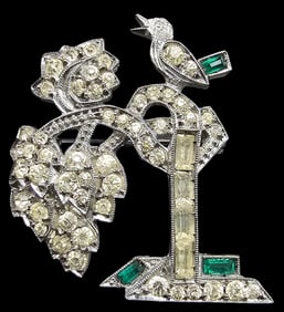 Very Unusual Vintage Sterling Silver & Rhinestone "Bird in a Tree" Pin Brooch