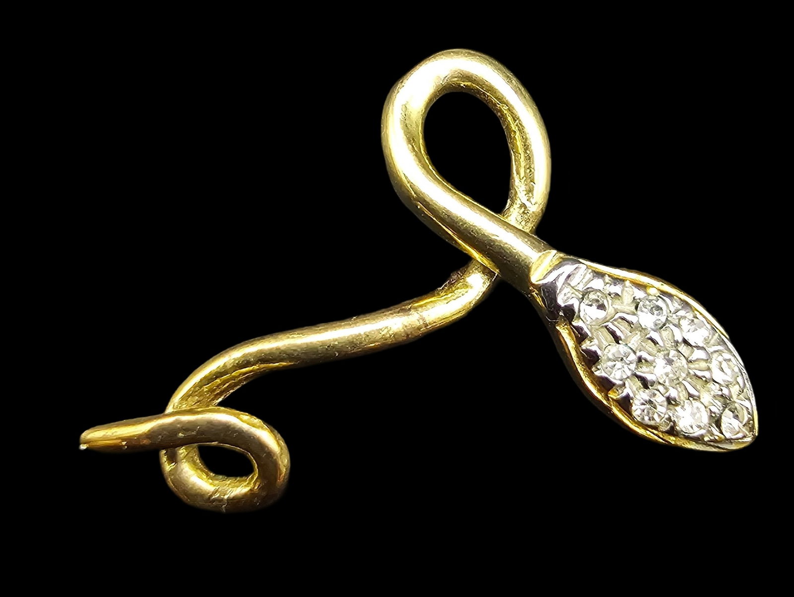 Very Unusual Vintage European Gilt 800 Silver & Rhinestone Snake Designer Pendant: Very good vintage condition with some patina and wear according to age. Measures approx. 1/2" long and 1" wide and weighs ca. ca. 1.7 grams. Marked for 800 (80%) silver. SHIPPING: We ship in-house and