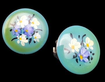 Pair of Vintage European Enamel Clip-On Earrings /w Floral Design