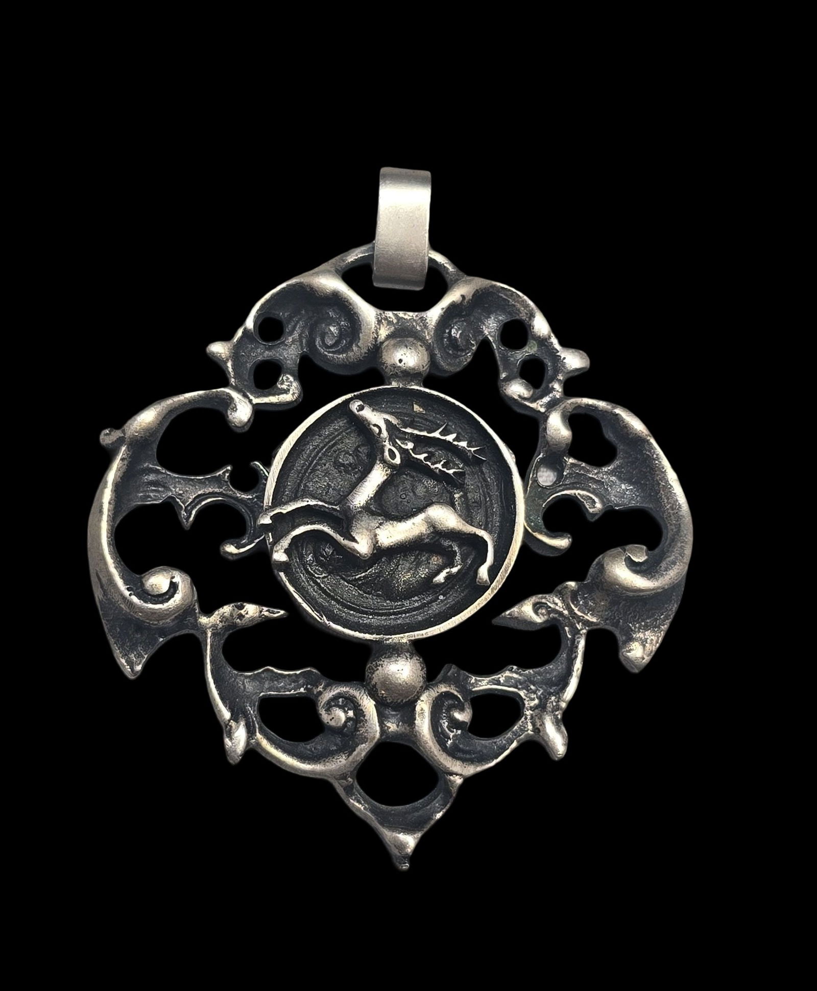 Vintage Mid-Century German 800 Silver Hunting Theme Pendant /w Stag (1 of 6)