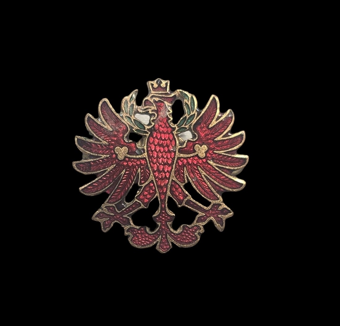 Antique ca. 1900 European Gold Filled Metal Imperial Eagle Enamel Pin: Very good antique condition with minor patina and enamel wear according to age. Measures approx. 1" high and weighs ca. 3 grams. SHIPPING: We ship in-house and charge a flat fee of $12 for any order o