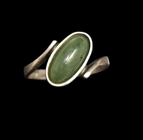 Vintage Mid-Century Sterling Silver & Green Gemstone Designer Ring