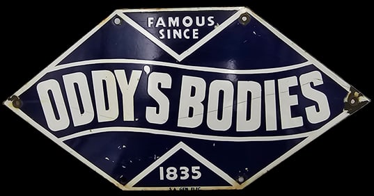 Vintage ODDY'S BODIES Blue & White Enamel on Steel Advertising Sign