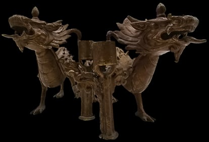 Very Unusual Antique Handmade Daragon Themed Cast Metal Dragon Candle Holders
