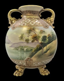 Antique Japanese Noritake Jewelled Moonflask Vase /w Lake View Scene & Lion Paw Feet