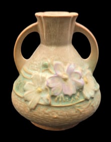 Vintage ROSEVILLE Art Pottery COSMOS Tan Ceramic Vase