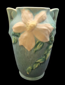 Vintage ROSEVILLE Art Pottery CLEMATIS Blue Ceramic Vase