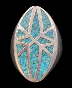 Vintage Native American Sterling Silver Ring /w Blue Turquoise Mosaic