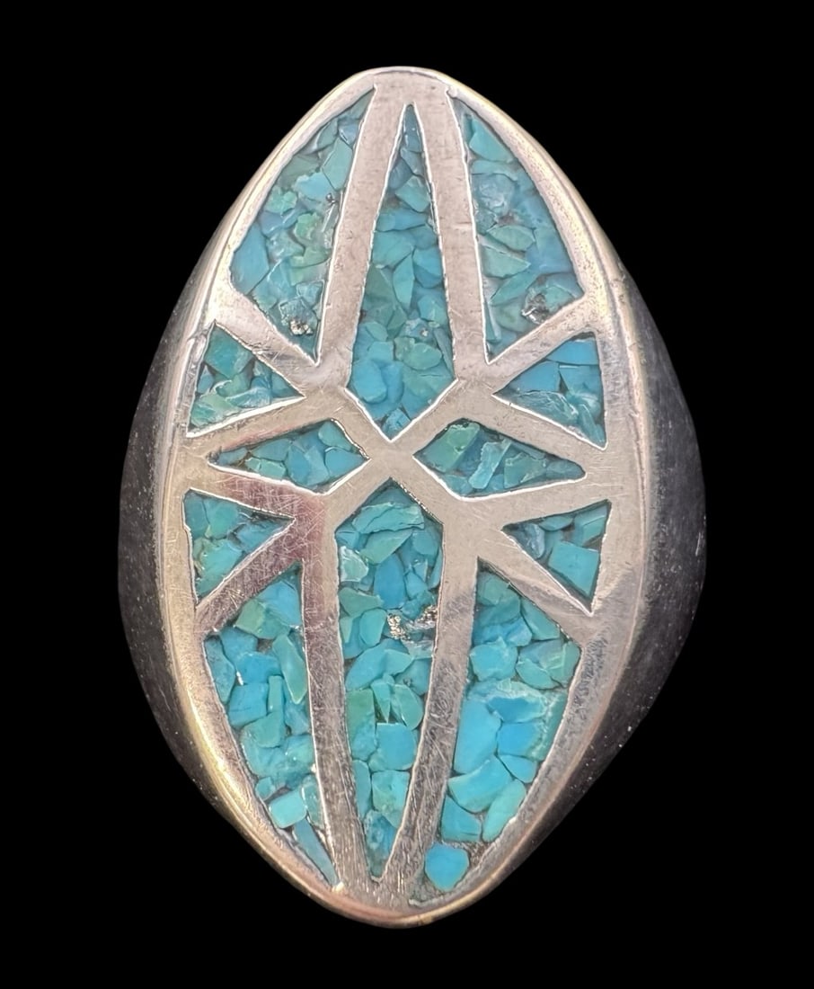 Vintage Native American Sterling Silver Ring /w Blue Turquoise Mosaic: Very good vintage condition with minor patina according to age. Measures approx. 1 1/8 " long x 5/8 " wide (top) and weighs ca. 11.2 grams. The ring is a size 13. Marked for Sterling Silver and carryi