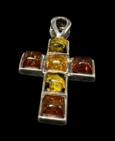 Vintage Mid-Century Sterling Silver & Amber Cross Pendant