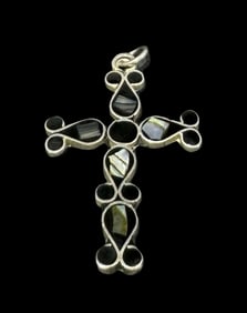 Vintage Sterling Silver, Black Enamel & Mother of Pearl Cross Pendant