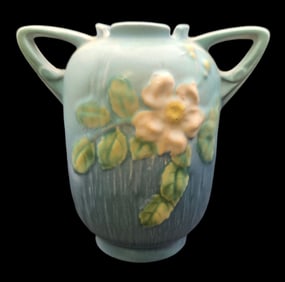 Vintage ROSEVILLE Art Pottery WHITE ROSE Blue Ceramic Vase