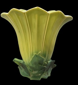 Large Antique Art Deco MCCOY Green Art Pottery Fan Vase