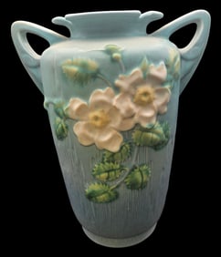 Vintage ROSEVILLE Art Pottery WHITE ROSE Blue Ceramic Vase