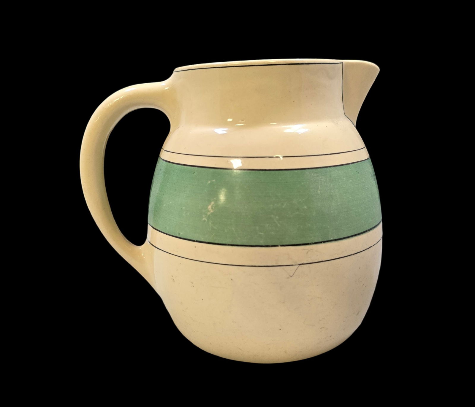 Antique 1920s ROSEVILLE Green Banded Creamware Pitcher (1 of 7)