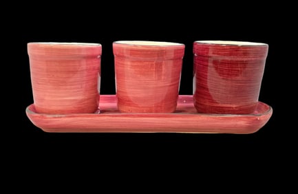 Set of 3 Vintage Red Art Pottery Coffee Tumblers /w Tray