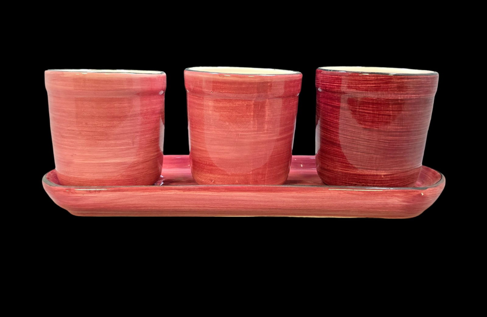 Set of 3 Vintage Red Art Pottery Coffee Tumblers /w Tray (1 of 9)