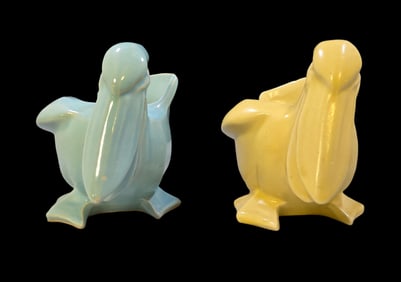 Pair of Vintage Mid-Century NELSON MCCOY Happy Pelican Blue & Yellow Art Pottery Planters