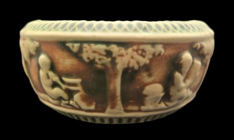 Vintage ROSEVILLE Art Pottery DONATELLO Green & Brown Ceramic Bowl