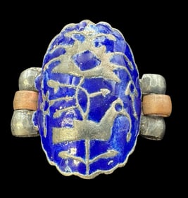 Very Unusual Vintage Sterling Silver, Copper & Blue Enamel Ring
